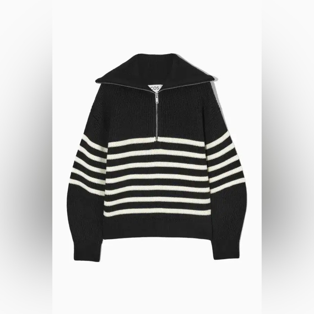 COS Wool & Cotton Half-Zip Sweater Black Striped Knit Pullover Size XS